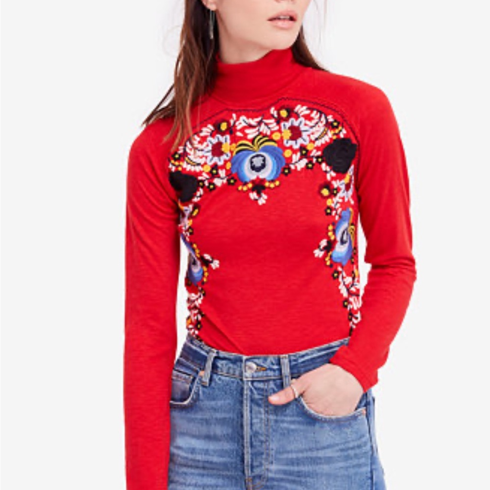 Free People Vibrant Red Long Sleeve Top